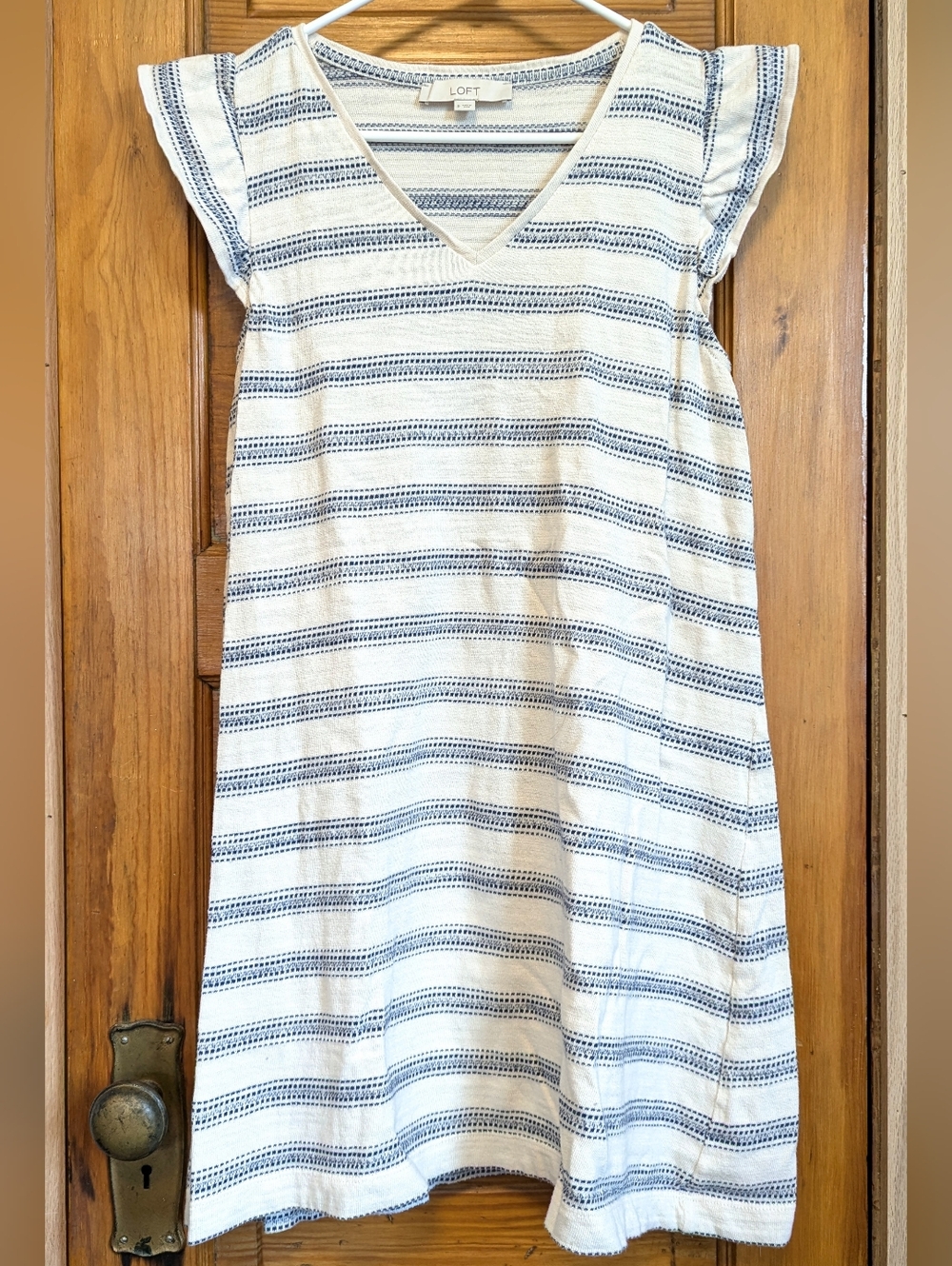 LOFT Cream and Navy Striped V-Neck 100% Cotton Flutter Sleeve Mini Dress - Small - Picture 1 of 6
